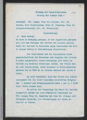 Protokoll Vorstandssitzung November 1911