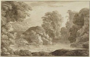 Landschaft mit See und Rundturm