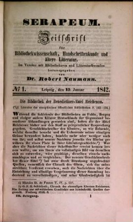 Serapeum : Zeitschrift für Bibliothekwissenschaft, Handschriftenkunde und ältere Literatur, 3. 1842
