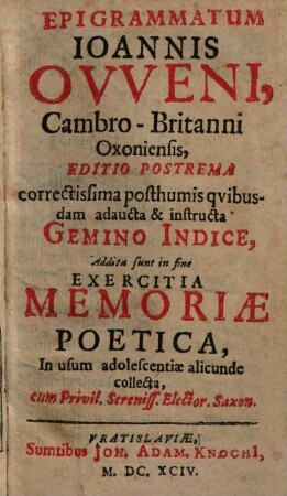 Epigrammatum Ioannis Oweni, Cambro-Britanni Oxoniensis, Editio Postrema