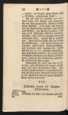 VIII. Ordnung wegen der Kirchen-Stillständen.