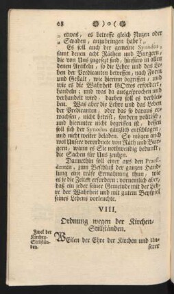 VIII. Ordnung wegen der Kirchen-Stillständen.