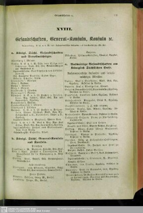 XVIII. Gesandschaften, General-Konsuln, Konsuln, etc.