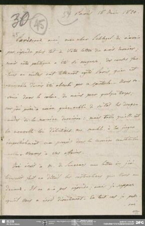 Eigenh. Brief von Auguste Louis de Staël-Holstein an August Wilhelm von Schlegel, Paris, 18.06.1820