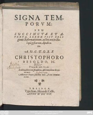 Signa Temporum: Seu Succincta Et Aperta, Rerum Post Religionis Reformationem, ad hoc aevi in Europa gestarum, diiudiciatio