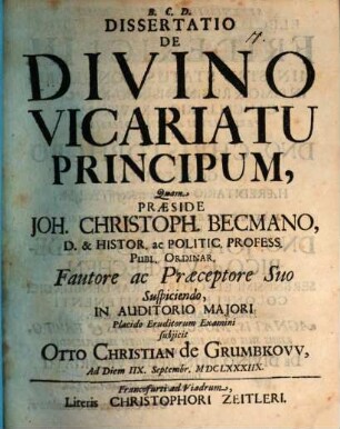 Dissertatio De Divino Vicariatu Principum