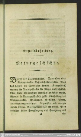 Erste Abtheilung. Naturgeschichte