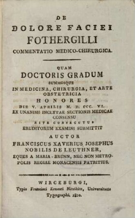 De dolore faciei Fothergilli : commentatio medico-chirurgicae