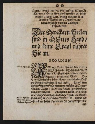 [...] Leich-Text/ welcher enthalten ist im Buch der Weißheit am 3. Capitel/ v.1. und lautet derselbige in unserer Teutschen Sprache also:
