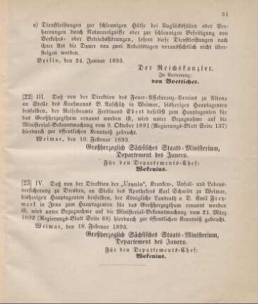 23. Ministerial-Bekanntmachung, den Wechsel in der Hauptagentur der "Urania", Kranken-, Unfall- und Lebensversicherung zu Dresden betreffend