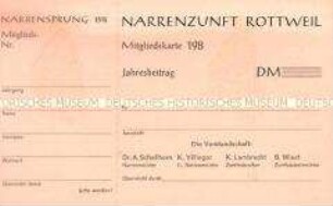 Mitgliedskarte der Narrenzunft Rottweil (blanko)