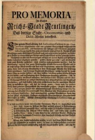 Pro-Memoria in Sachen Reichs-Stadt Reutlingen, das dortige Stadt-Oeconomie und Debit-Wesen betreffend : dd. Wien d. 20. Febr. 1751