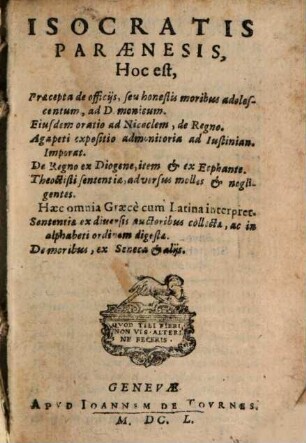 Paraenesis : h. e. praecepta de officiis seu honestis moribus adolescentum ad Demonicum et Oratio ad Nicoclem de Regno