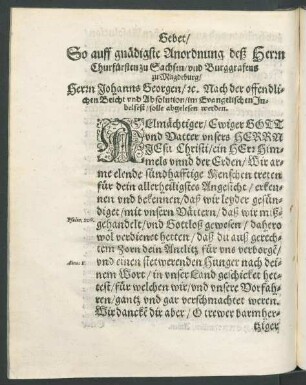 Gebet/ So auff gnädigste Anordnung deß Herrn Churfürsten zu Sachsen/ und Burggrafens zu Magdeburg/[...]