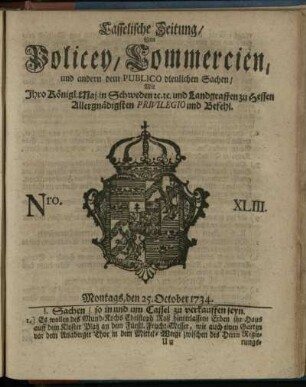 Nro. XLIII, Montags, den 25. October 1734