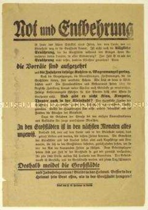 Aufruf zur Arbeitsuche auf dem Land im Zuge der Novemberrevolution 1918