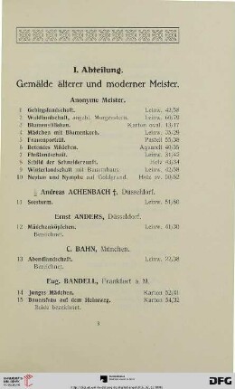 I. Abteilung. Gemälde älterer und moderner Meister (Nr. 1-260)