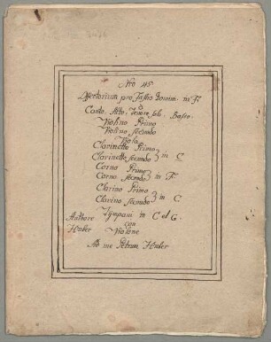 Non nobis Domine, T, Coro, orch, F-Dur - BSB Mus.ms. 7476 : [org, cover title:] Nro 45. // Offertorium pro Festis Domini. in F // à // Canto, Alto, Tenore solo, Basso // Violino Primo // Violino secundo // Viola // Clarinetto Primo // [brace:] in C // Clarinetto secundo // Corno Primo // [brace:] in F // Corno secundo // Clarino Primo // [brace:] in C // Clarino secundo // Tympani in C et G // con // Violone // ad me Petrum Huber // [left side:] Authore // Huber