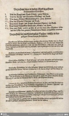 Verzeichnis derer in diesem Werk begriffenen Archimedischen Schrifften