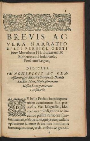 Brevis Ac Vera Narratio Belli Persici, Gesti inter Murathem III. Turcarum, & Mehemetem Hodabende, Persarum Regem ...