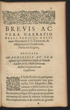 Brevis Ac Vera Narratio Belli Persici, Gesti inter Murathem III. Turcarum, & Mehemetem Hodabende, Persarum Regem ...