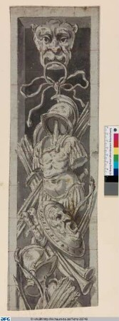 Entwurf für eine Trophäe: Waffen, Maske, Brustpanzer und Helm