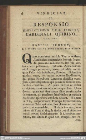 II. Responsio Eminentissimo S.E.R. Principi, Cardinali Qiurino