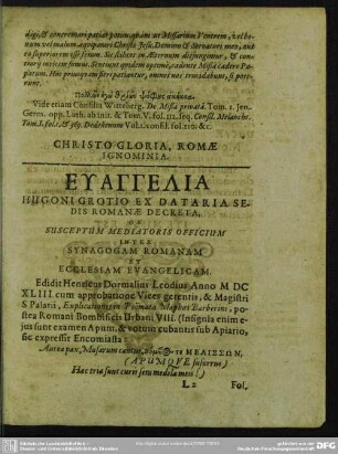 Evangelia Hugoni Grotio Ex Dataria Sedis Romanae Decreta