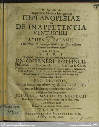 Disputatio medica inauguralis Peri anorexias seu de inappetentia ventriculi