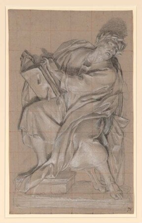 Vouet, Simon: Zeichnungen II, Blatt 75: Sitzfigur des Dante Alighieri, von unten beleuchtet als Relief - BSB Cod.icon. 397 b(75
