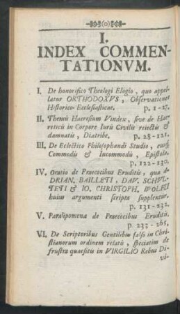 I. Index Commentationum