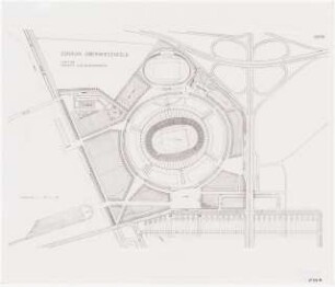 Stadion Oberwiesenfeld, München: Mappe »Wettbewerb Stadion München, Entwurf Professor Werner March«. Lageplan, Variante zum Außenverkehr, geostet, ca. 1:2270