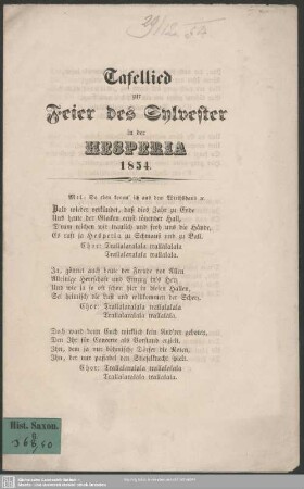 Tafellied zur Feier des Sylvester in der Hesperia 1854