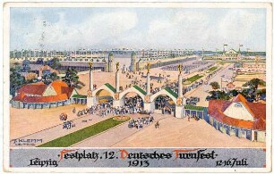 Festplatz 12. Deutsches Turnfest: Leipzig 1913, 12.-16. Juli : Offiz. Festpostkarte für das 12. Deutsche Turnfest in Leipzig vom 12.-16. Juli 1913; Nr. 1: Der Festplatz