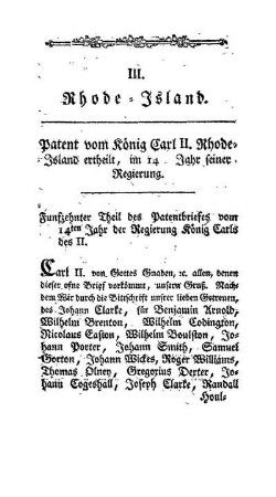 III. Rhode-Island - Patent vom König Carl II. Rhode-Island ertheilt, im 14. Jahr seiner Regierung