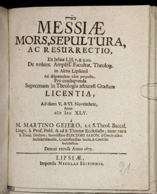 Messiae Mors, Sepultura, Ac Resurrectio, Ex Jesaiae LIII.v.8.9.10.