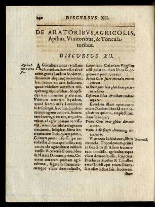 De Aratoribus, Agricolis, Apibus, Vinitoribus, & Tonculatoribus. Discursus XII.