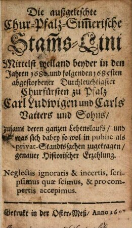 Die außgeleschte Chur-Pfaltz-Simmersche Stamms-Lini