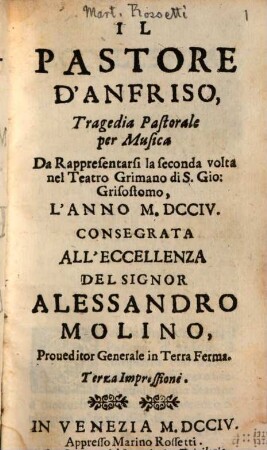 Il pastore d'Anfriso : Tragedia pastorale per musica