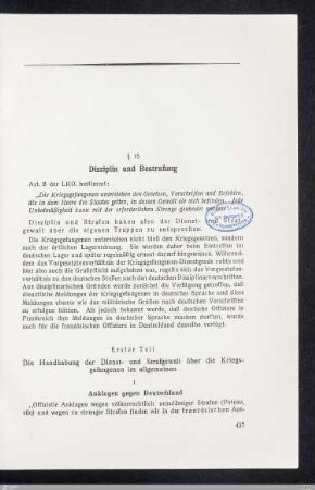 Zweiter Abschnitt - Die Kriegsgefangenen in den Gefangenenlagern, ab § 15