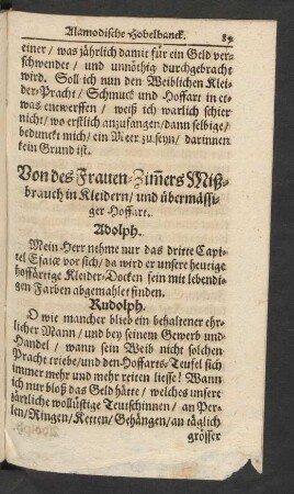 Von des Frauen-Zim[m]ers Mißbrauch in Kleidern/ und übermässiger Hoffart.