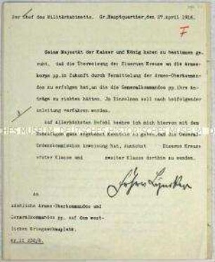 Abschrift von zwei Rundschreiben zu den Modalitäten der Vergabe Eiserner Kreuze an die Armeekorps
