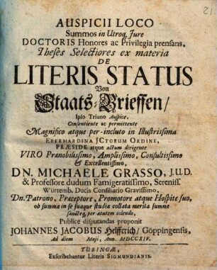 Theses selectiores ex materia de literis status, von Staats-Brieffen