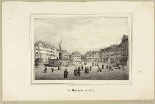 Der Marktplatz in Zittau in der Oberlausitz nach Westen mit dem Mars- oder Rolandsbrunnen, im Hintergrund das alte Amtsgericht von 1678, aus der Zeitschrift Saxonia, Bd. 5