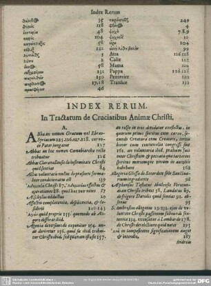 Index Rerum. Tractatum de Cruciatibus Animae Christi