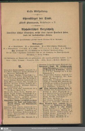 Erste Abtheilung. Einwohnerverzeichnis : Erste Abtheilung. Alphabetisches Verzeichniß sämmtlicher hiesiger Einwohner, welche einen eigenen Hausstand haben, sowie der kaufmännischen Firmen