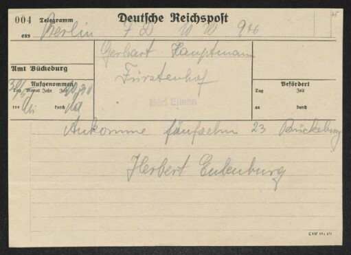 Brief von Herbert Eulenberg an Gerhart Hauptmann