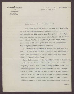 Schreiben von Heinrich Albert an Constantin Fehrenbach, Besuch von Fehrenbach in München