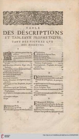 Table des descriptions et tableaux prophetiques