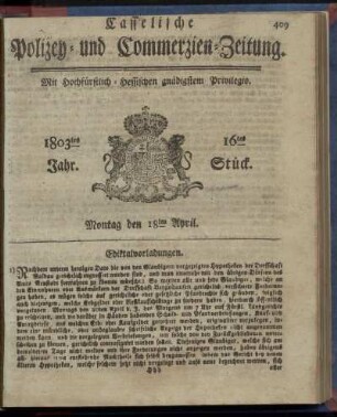 16tes Stueck, Montag den 18ten April 1803